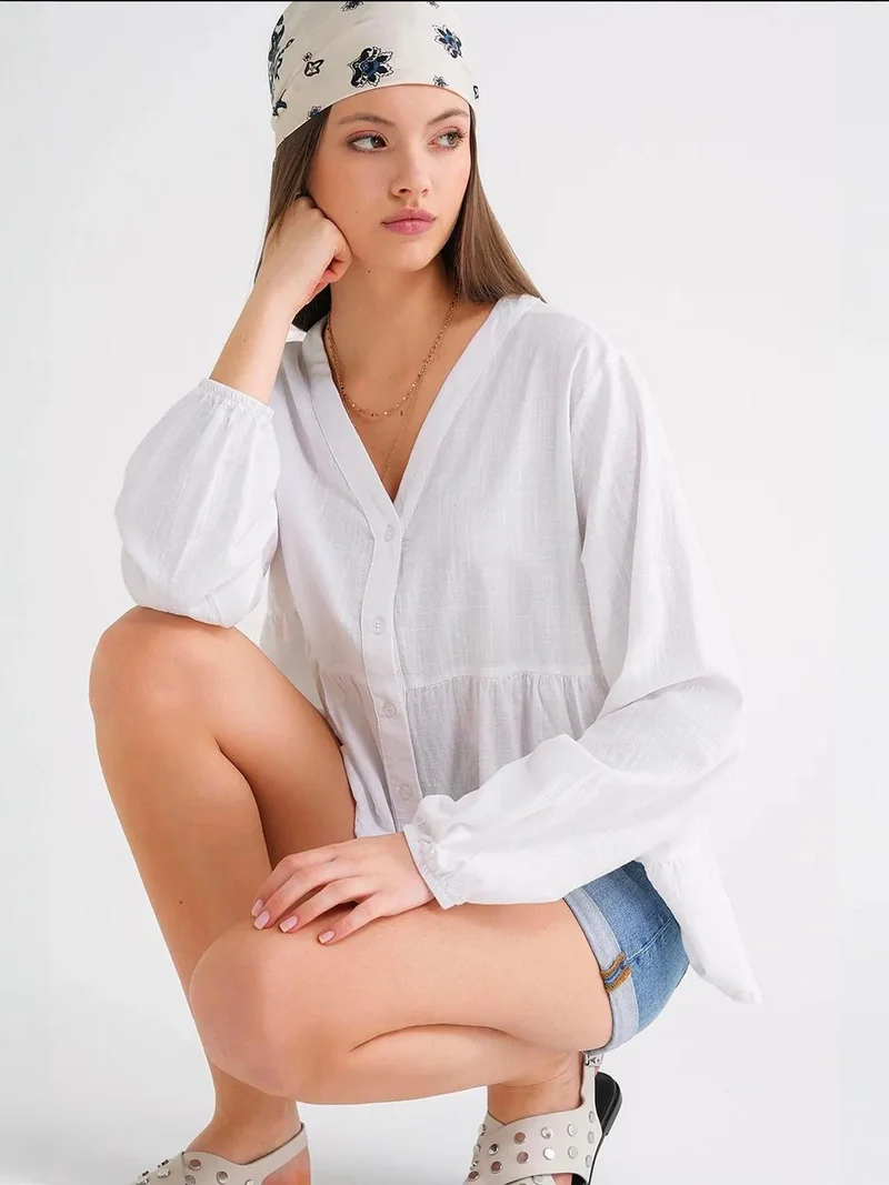 MixRay White Mixray Long Sleeve Tiered V-Neck Blouse for Women | Best Price UAE