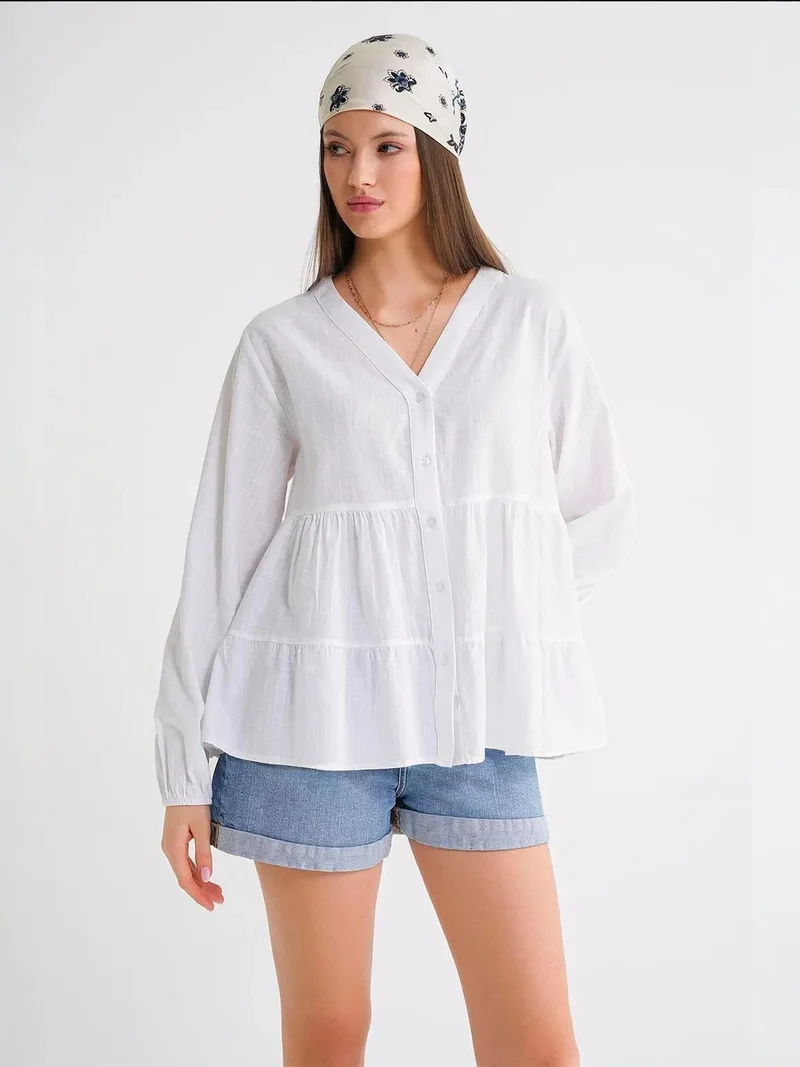 MixRay White Mixray Long Sleeve Tiered V-Neck Blouse for Women | Best Price UAE