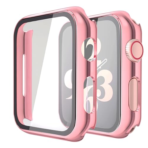 Misxi 2 Pack Hard PC Case with Tempered Glass Screen Protector Compatible with Apple Watch SE 3 (2025) SE 2 SE Series 6 Series 5 Series 4 40mm, 1 Rose Pink + 1 Transparent - Image 1