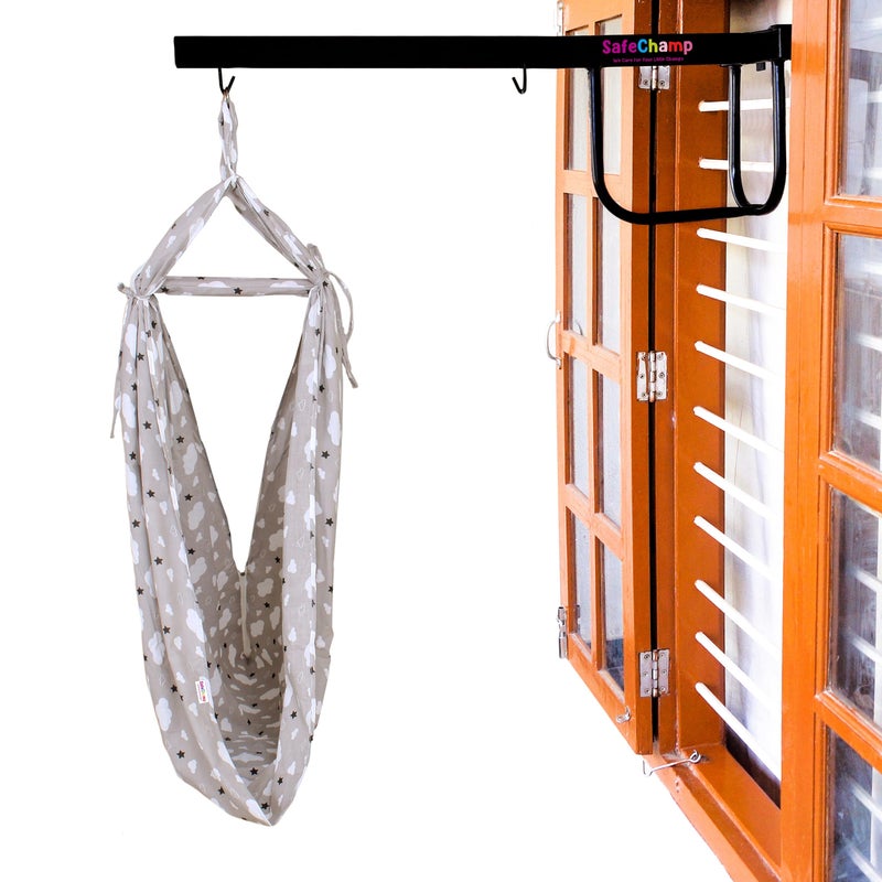 SafeChamp Cloud Baby Cradle Cloth with Seperator and Metal Window Cradle Hanger (Grey) - Image 1