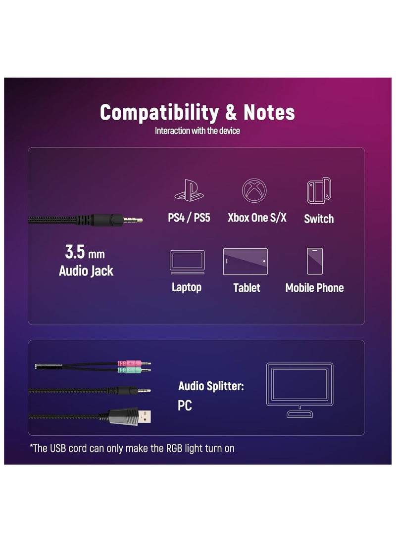 Gaming Headset PS4 Headset with 7.1 Surround Sound, Xbox One Headset with Noise Cancelling Flexible Mic with 2pcs Mic Cover RGB LED Light Memory Earmuffs for PS5, PS4, Xbox one, PC, Nintendo Switch