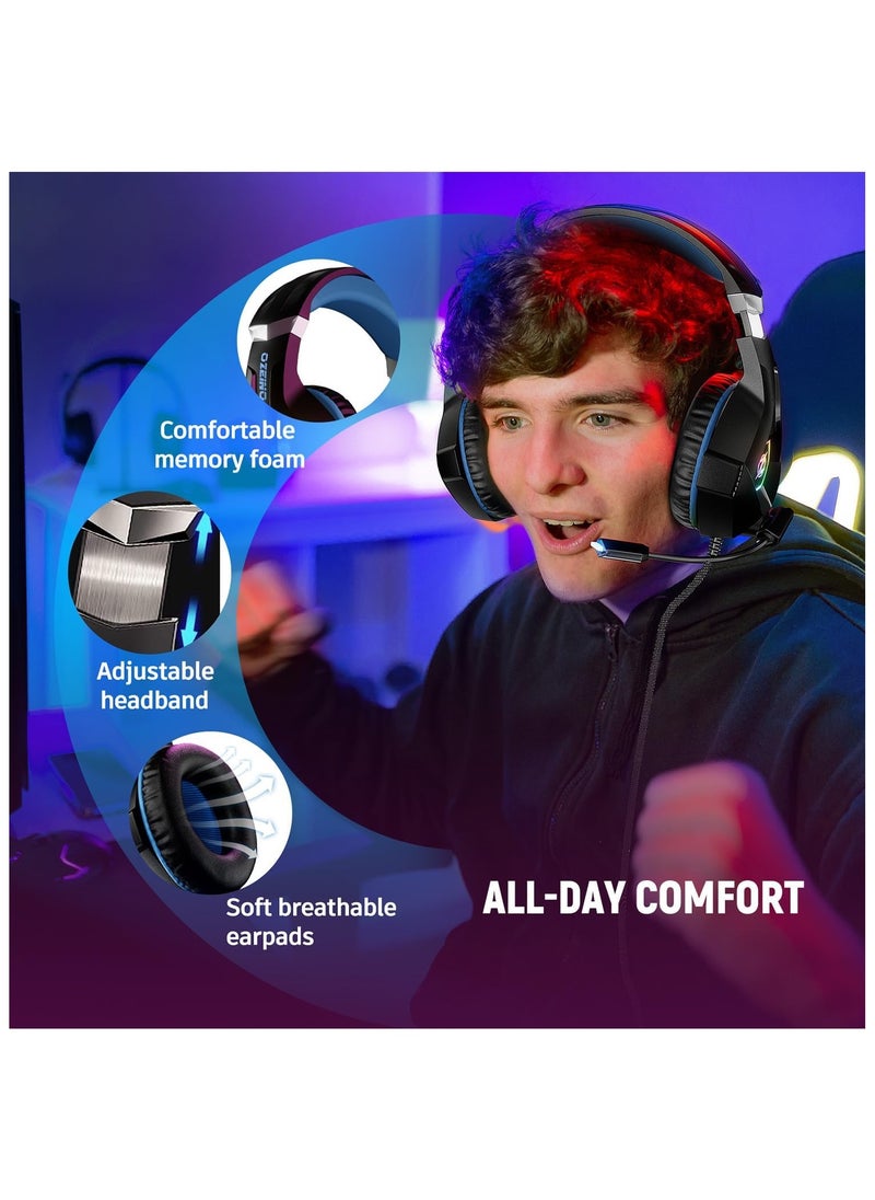 Gaming Headset PS4 Headset with 7.1 Surround Sound, Xbox One Headset with Noise Cancelling Flexible Mic with 2pcs Mic Cover RGB LED Light Memory Earmuffs for PS5, PS4, Xbox one, PC, Nintendo Switch