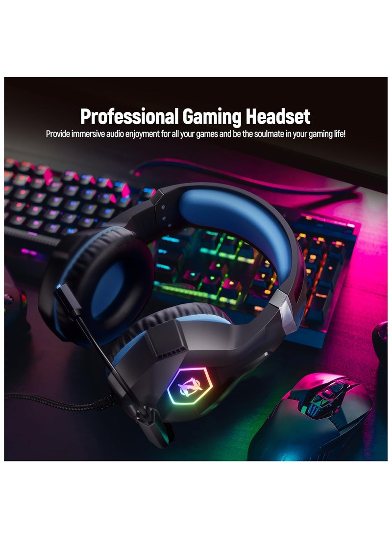 Gaming Headset PS4 Headset with 7.1 Surround Sound, Xbox One Headset with Noise Cancelling Flexible Mic with 2pcs Mic Cover RGB LED Light Memory Earmuffs for PS5, PS4, Xbox one, PC, Nintendo Switch
