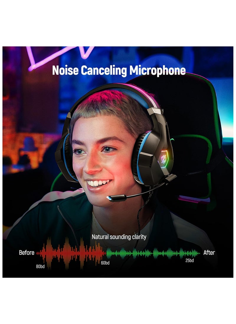 Gaming Headset PS4 Headset with 7.1 Surround Sound, Xbox One Headset with Noise Cancelling Flexible Mic with 2pcs Mic Cover RGB LED Light Memory Earmuffs for PS5, PS4, Xbox one, PC, Nintendo Switch