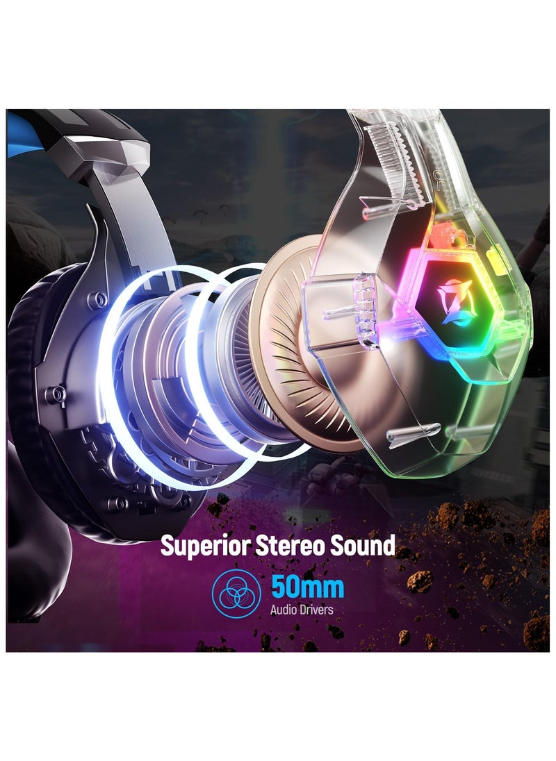 Gaming Headset PS4 Headset with 7.1 Surround Sound, Xbox One Headset with Noise Cancelling Flexible Mic with 2pcs Mic Cover RGB LED Light Memory Earmuffs for PS5, PS4, Xbox one, PC, Nintendo Switch