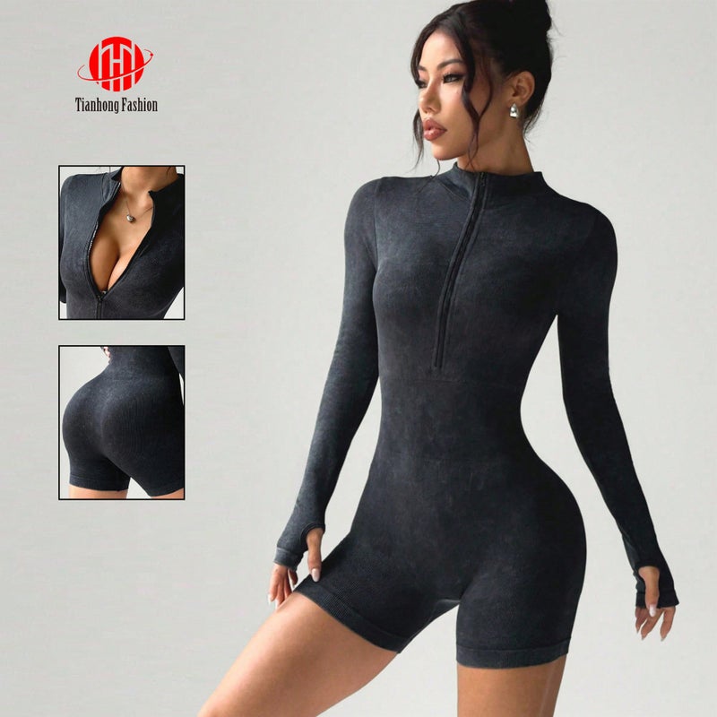Women's Slim Fit Long Sleeve Zip Front Stretch Yoga Jumpsuit - Image 2