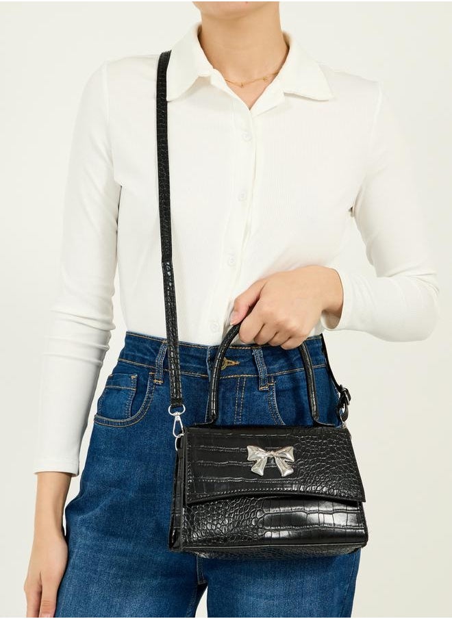 Styli Ribbon Accent Croc Textured Handbag with Top Handle  - Image 2