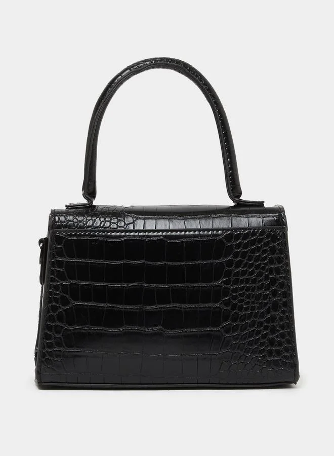 Styli Ribbon Accent Croc Textured Handbag with Top Handle