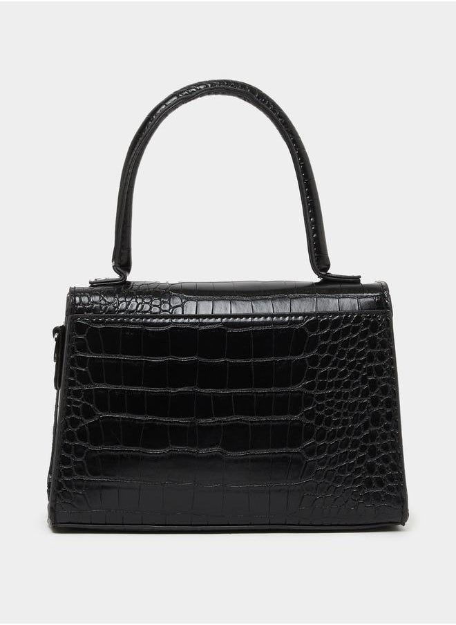 Styli Ribbon Accent Croc Textured Handbag with Top Handle  - Image 4