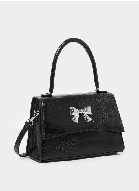 Ribbon Accent Croc Textured Handbag with Top Handle
