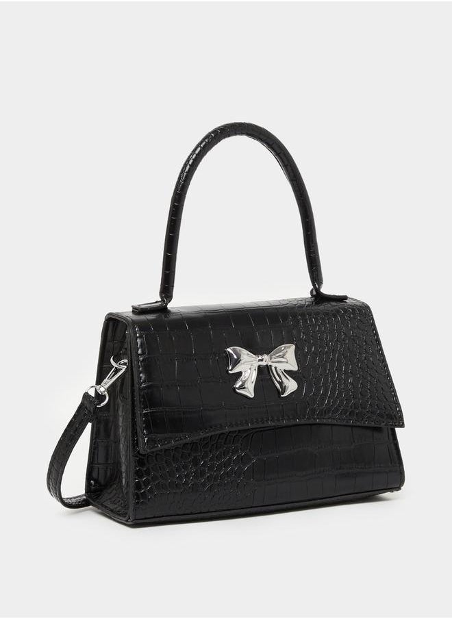 Styli Ribbon Accent Croc Textured Handbag with Top Handle  - Image 1