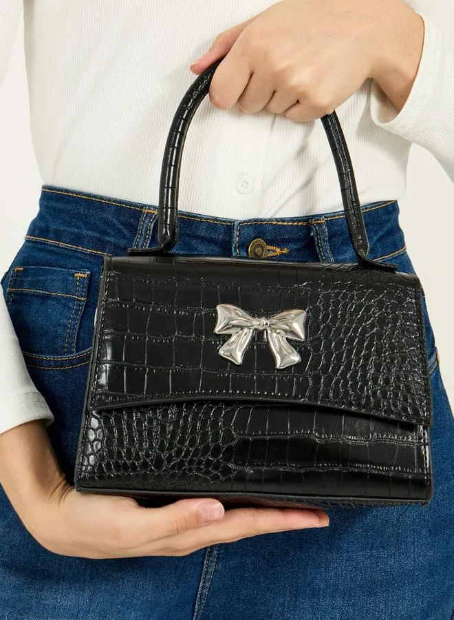 Styli Ribbon Accent Croc Textured Handbag with Top Handle