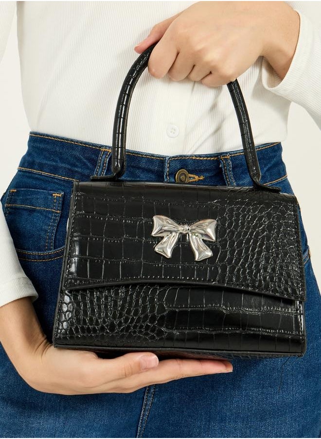 Styli Ribbon Accent Croc Textured Handbag with Top Handle  - Image 3