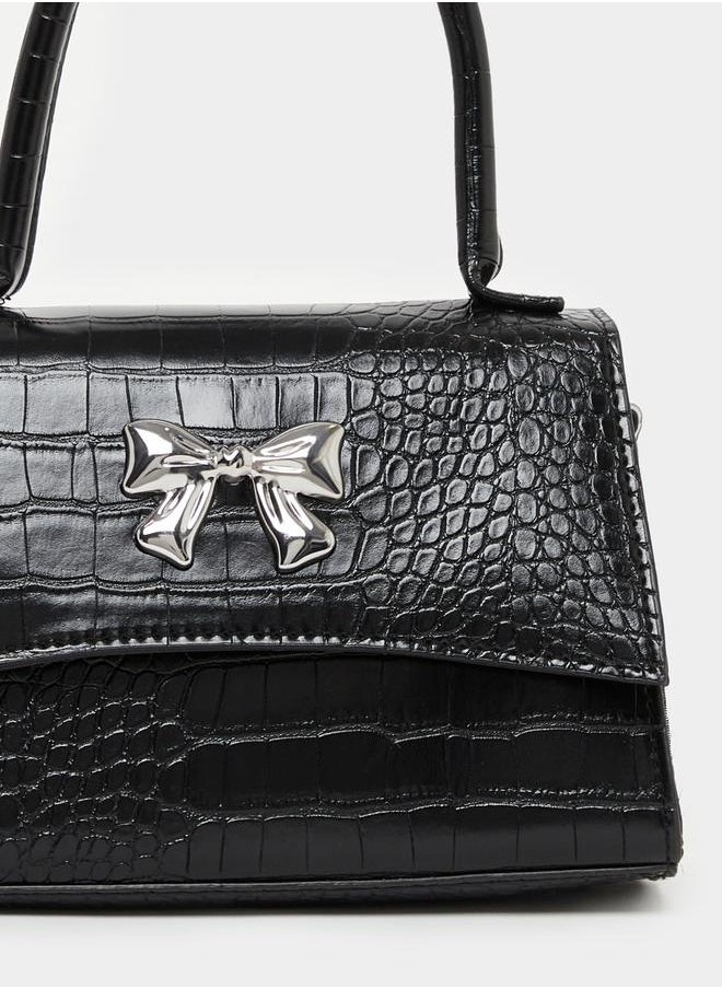 Styli Ribbon Accent Croc Textured Handbag with Top Handle  - Image 5