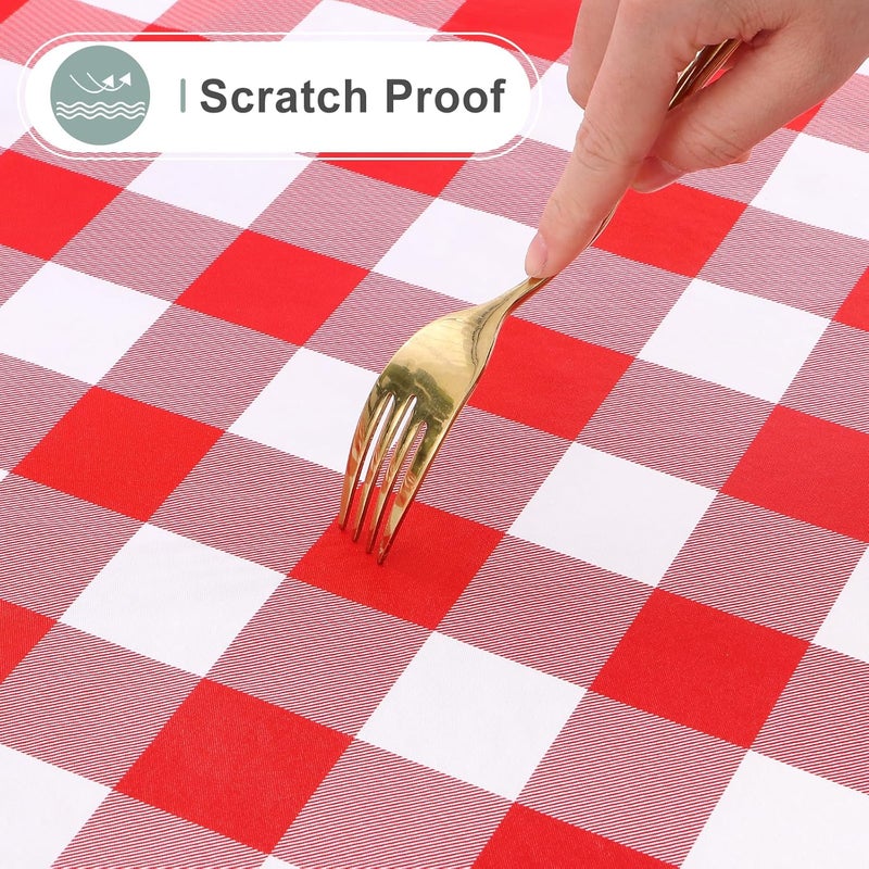 misaya Round Waterproof Vinyl Table Cloth Buffalo Flannel Backed Tablecloth Wipeable Plastic Table Cover for Dinner Kitchen Picnic 60 Red and White - Image 4