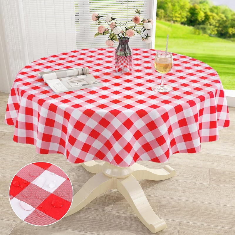 misaya Round Waterproof Vinyl Table Cloth Buffalo Flannel Backed Tablecloth Wipeable Plastic Table Cover for Dinner Kitchen Picnic 60 Red and White - Image 1