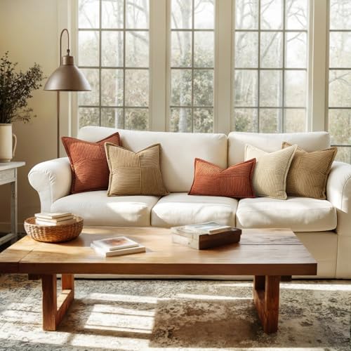 MIULEE Dark Rust Decorative Throw Pillow Covers for Couch Bed Livingroom 18x18 Inch Set of 2 Boho Accent Throw Pllows Broadside Striped Patchwork Soft Corduroy Pillowcases - Image 3