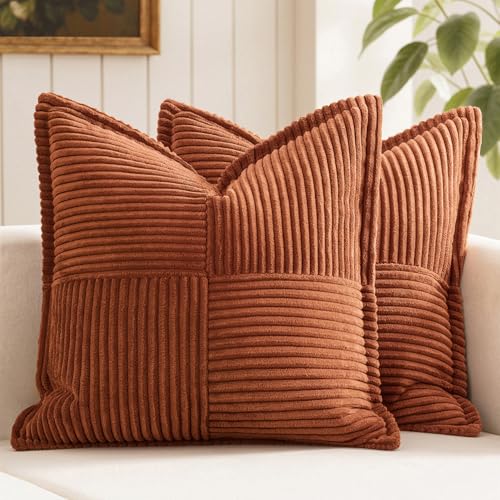 MIULEE Dark Rust Decorative Throw Pillow Covers for Couch Bed Livingroom 18x18 Inch Set of 2 Boho Accent Throw Pllows Broadside Striped Patchwork Soft Corduroy Pillowcases - Image 1