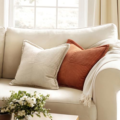 MIULEE Dark Rust Decorative Throw Pillow Covers for Couch Bed Livingroom 18x18 Inch Set of 2 Boho Accent Throw Pllows Broadside Striped Patchwork Soft Corduroy Pillowcases - Image 2