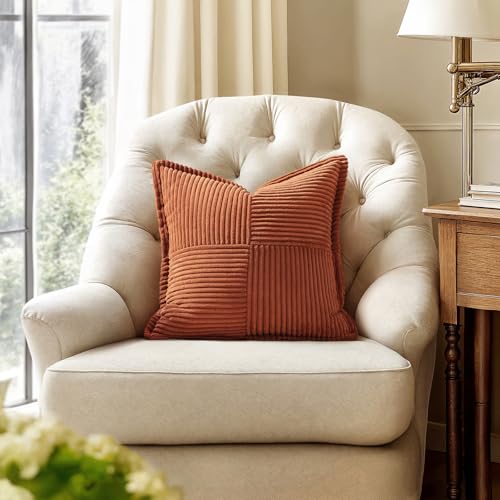 MIULEE Dark Rust Decorative Throw Pillow Covers for Couch Bed Livingroom 18x18 Inch Set of 2 Boho Accent Throw Pllows Broadside Striped Patchwork Soft Corduroy Pillowcases - Image 4