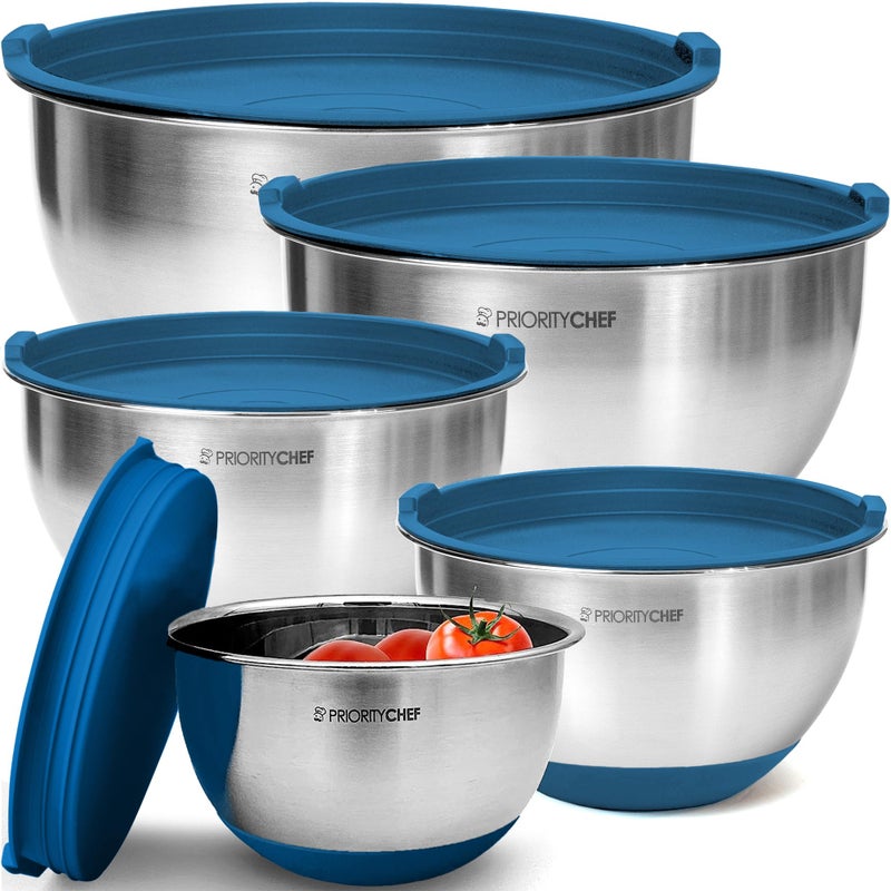 Priority Chef Premium Mixing Bowls With Airtight Lids Set, Thicker Stainless Steel Mixing Bowl Set, Large Prep Metal Bowls with Lids, Nesting Bowls for Kitchen, 1.5/2/3/4/5 Qrt, Blue - Image 1