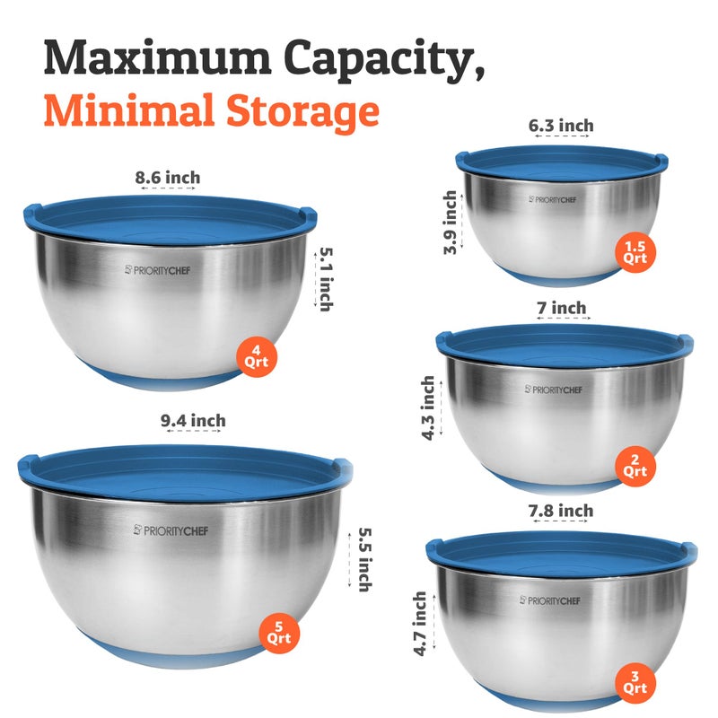 Priority Chef Premium Mixing Bowls With Airtight Lids Set, Thicker Stainless Steel Mixing Bowl Set, Large Prep Metal Bowls with Lids, Nesting Bowls for Kitchen, 1.5/2/3/4/5 Qrt, Blue - Image 3