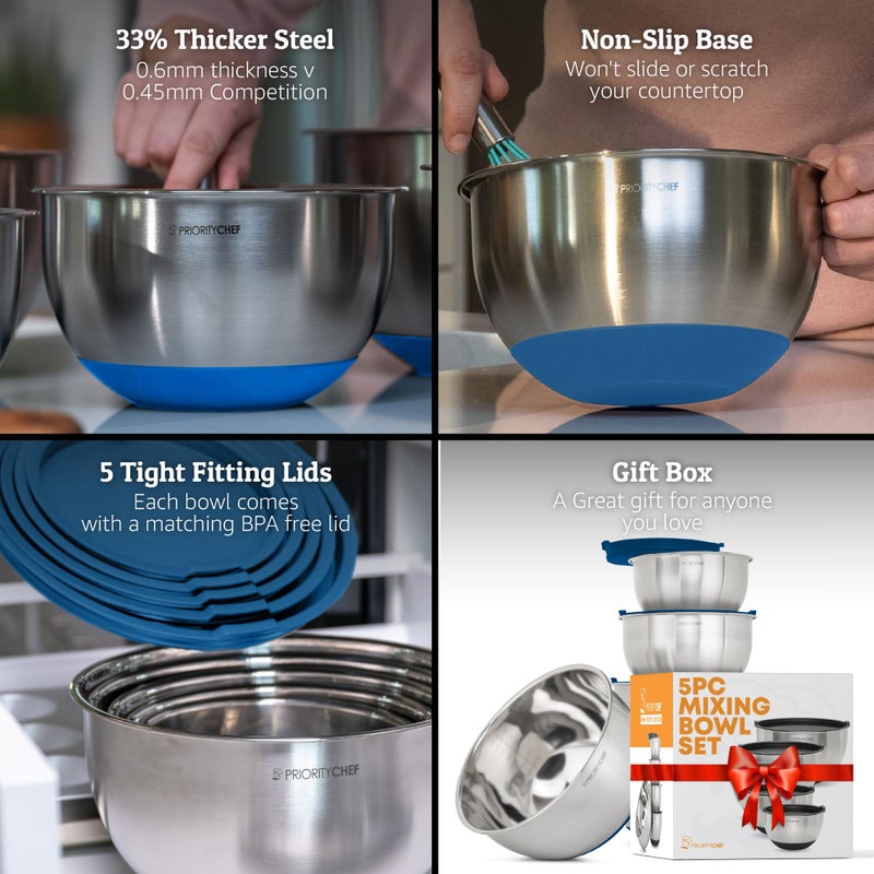 Priority Chef Premium Mixing Bowls With Airtight Lids Set, Thicker Stainless Steel Mixing Bowl Set, Large Prep Metal Bowls with Lids, Nesting Bowls for Kitchen, 1.5/2/3/4/5 Qrt, Blue - Image 2