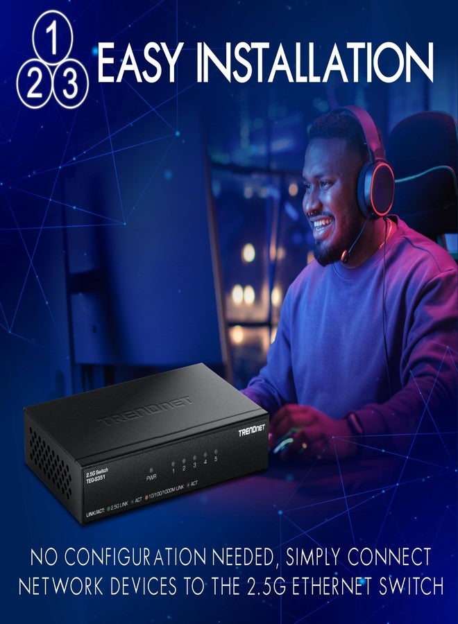 تريندنت مفتاح TRENDnet ذو 5 منافذ بسرعة 2.5 جيجابت، طراز TEG-S351، 5 منافذ RJ45 بسرعة 2.5 جيجابت، سعة تحويل 25 جيجابت في الثانية، متوافق مع معايير NDAA وTAA، موزع إيثرنت، لأجهزة الألعاب، ووحدات التخزين الشبكية (NAS)، وأجهزة الكمبيوتر، حماية مدى الحياة - Image 3