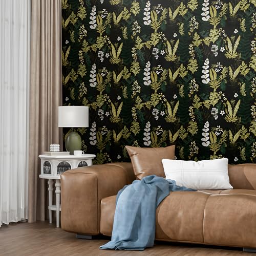 Fvlow Black Floral Wallpaper Peel and Stick Dark Green Gold Leaf Contact Paper Waterproof Self-Adhesive Forest Tropical Fern Wall Paper for Bedroom Countertop Desk Cabinets 17.4" x 118" Renter Friendly - Image 2