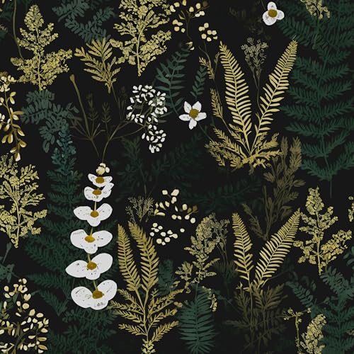 Fvlow Black Floral Wallpaper Peel and Stick Dark Green Gold Leaf Contact Paper Waterproof Self-Adhesive Forest Tropical Fern Wall Paper for Bedroom Countertop Desk Cabinets 17.4" x 118" Renter Friendly - Image 1