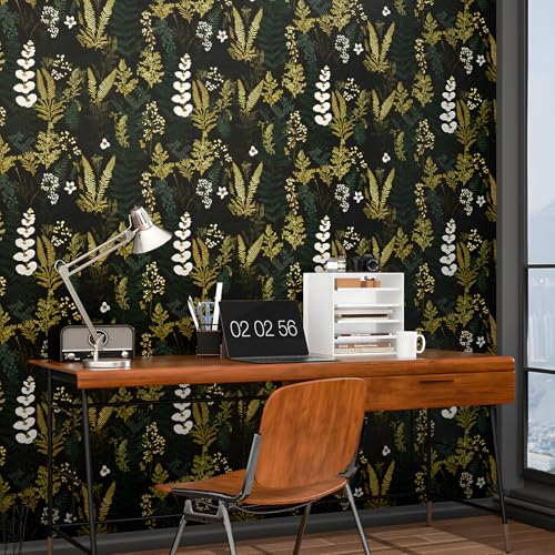 Fvlow Black Floral Wallpaper Peel and Stick Dark Green Gold Leaf Contact Paper Waterproof Self-Adhesive Forest Tropical Fern Wall Paper for Bedroom Countertop Desk Cabinets 17.4" x 118" Renter Friendly - Image 5