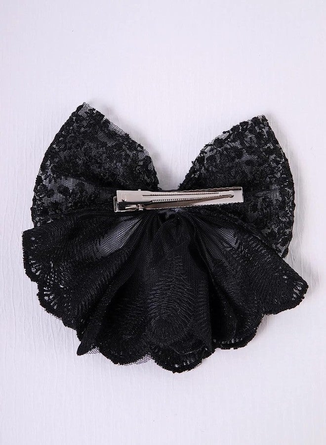 Ashkash 1 Pcs Large Lace Embroidery Hair Bow Clip Bowknot Hair Slides Metal Duckclip With Ribbon Hair Accessories For Girls & Women (Black) - Image 2
