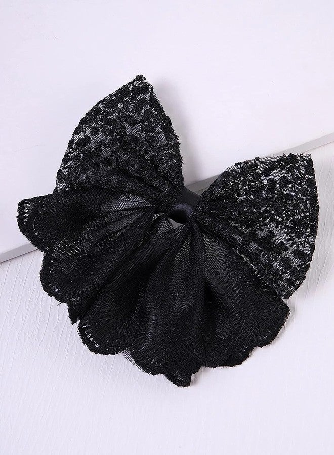 Ashkash 1 Pcs Large Lace Embroidery Hair Bow Clip Bowknot Hair Slides Metal Duckclip With Ribbon Hair Accessories For Girls & Women (Black) - Image 3