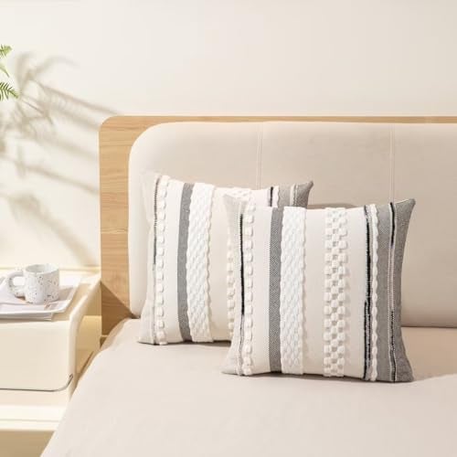 WANLIRD Boho Throw Pillow Covers 18x18 Set of 2 Farmhouse Decorative Cushion Case Striped Square Pillows Cover Chenille Pillow Cases Accent Neutral Pillowcase for Sofa Couch Bed,White - Image 5
