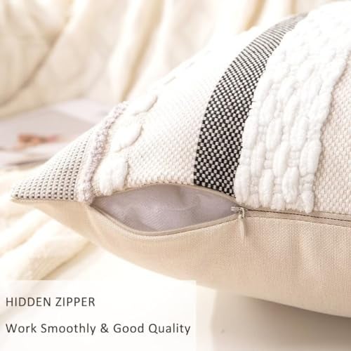WANLIRD Boho Throw Pillow Covers 18x18 Set of 2 Farmhouse Decorative Cushion Case Striped Square Pillows Cover Chenille Pillow Cases Accent Neutral Pillowcase for Sofa Couch Bed,White - Image 3