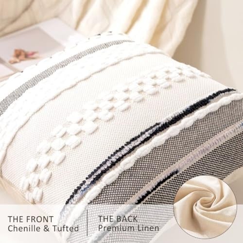 WANLIRD Boho Throw Pillow Covers 18x18 Set of 2 Farmhouse Decorative Cushion Case Striped Square Pillows Cover Chenille Pillow Cases Accent Neutral Pillowcase for Sofa Couch Bed,White - Image 2