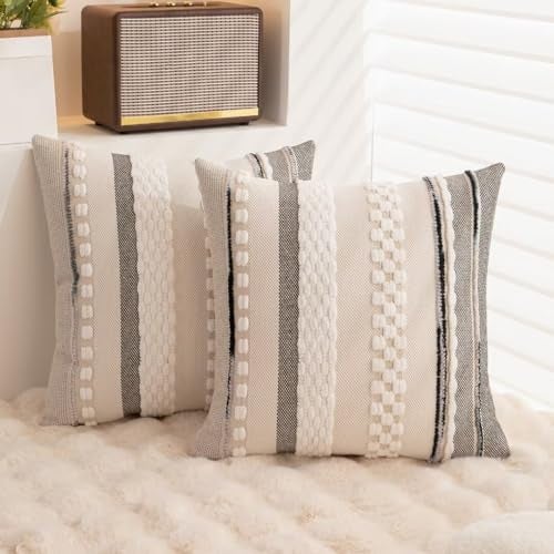 WANLIRD Boho Throw Pillow Covers 18x18 Set of 2 Farmhouse Decorative Cushion Case Striped Square Pillows Cover Chenille Pillow Cases Accent Neutral Pillowcase for Sofa Couch Bed,White - Image 4