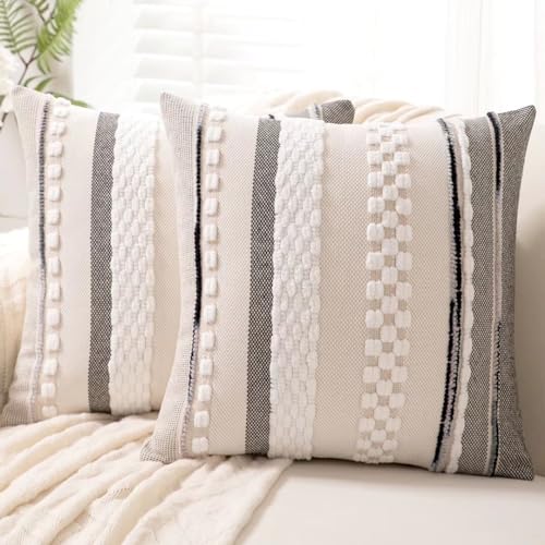 WANLIRD Boho Throw Pillow Covers 18x18 Set of 2 Farmhouse Decorative Cushion Case Striped Square Pillows Cover Chenille Pillow Cases Accent Neutral Pillowcase for Sofa Couch Bed,White - Image 1