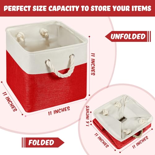 Geiserailie 6 Pcs 11 x 11 Inch Cube Storage Bins Fabric Storage Organizer Bins Foldable Cube Baskets with Sturdy Carry Handles Wicker Baskets for Home Christmas Color - Image 3