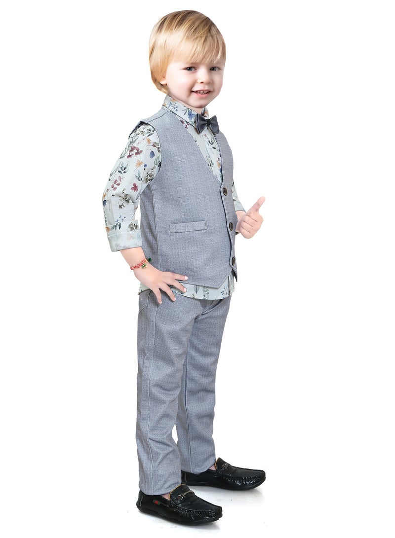 babyqlo Gentleman 4 piece kids boys printed Shirt Pant and waist coat with bow tie set  - Image 3