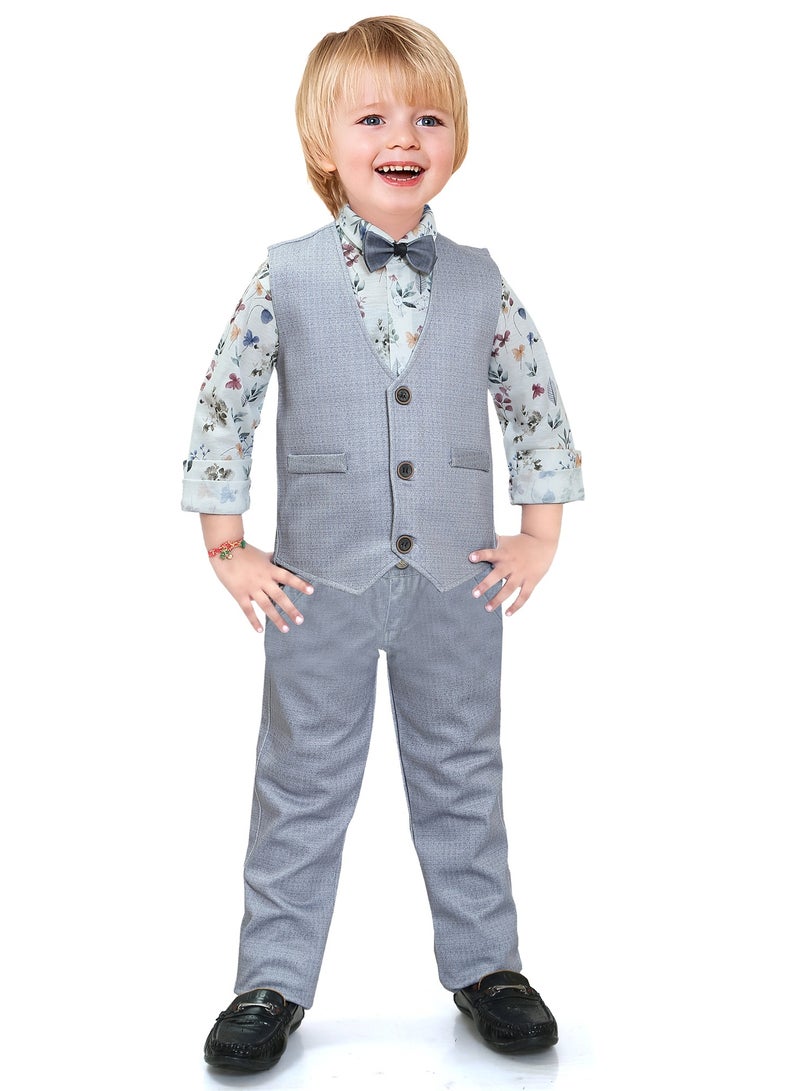 babyqlo Gentleman 4 piece kids boys printed Shirt Pant and waist coat with bow tie set  - Image 1