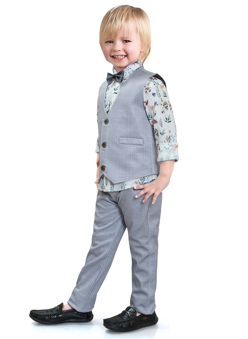 babyqlo Gentleman 4 piece kids boys printed Shirt Pant and waist coat with bow tie set  - Image 4