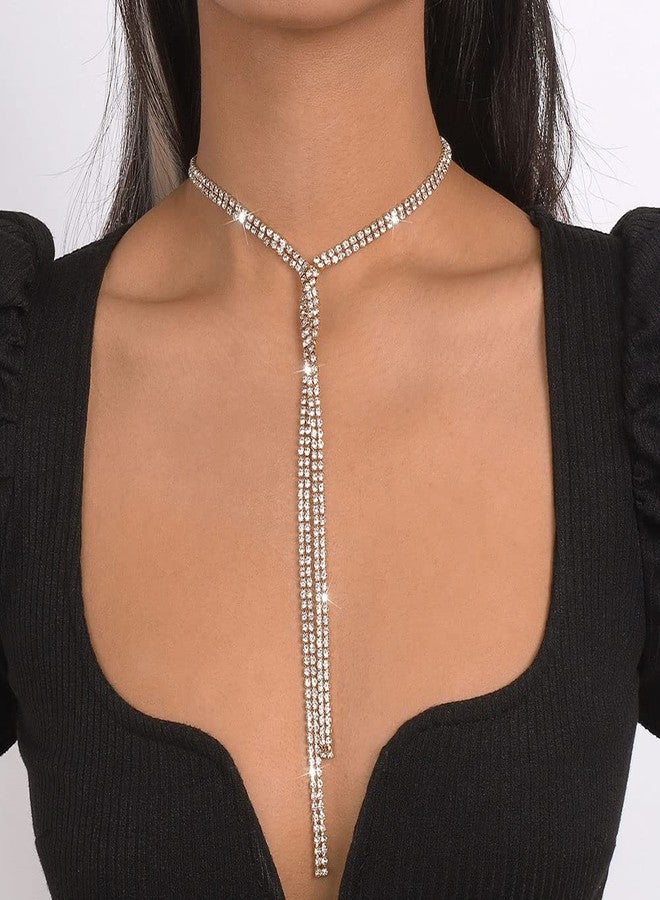 Chargances Sparkly Rhinestone Y Lariat Long Necklace Tennis Crystal Backdrop Necklace Statement Necklace Jewelry for Women (Silver) - Image 2