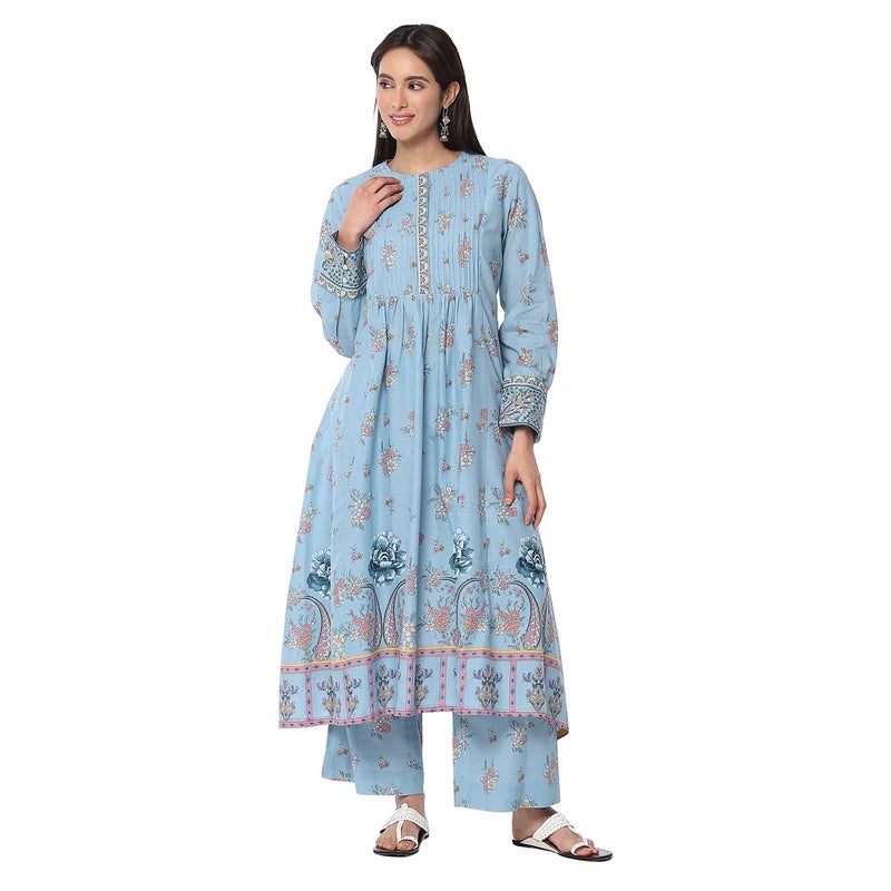 Biba Women's Dull Blue Cotton Flared Printed Fusion Set - Image 5