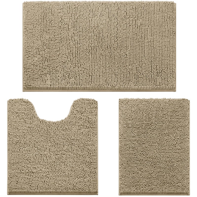 HOMEIDEAS 3 Pieces Bathroom Rugs Ultra Soft Non Slip Absorbent Chenille Toilet Bath Mat Set Taupe