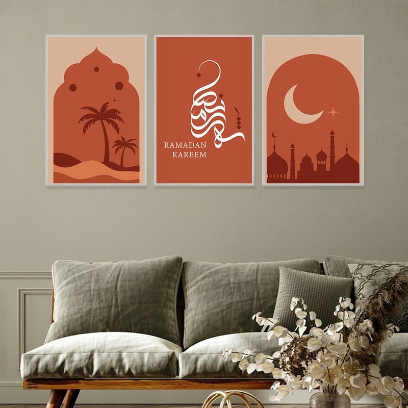 ماركتنا ثلاث لوحات قماشية بتصميم اسلامي لشهر رمضان مع برواز مجوف مقاس (120×60) ثلاث قطع - Image 2