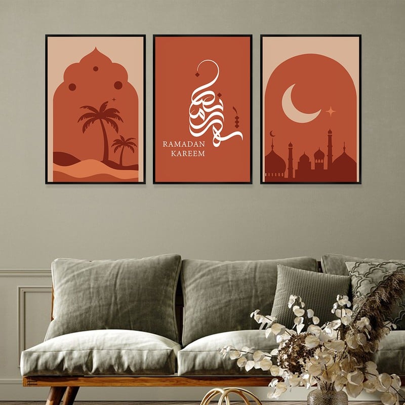 ماركتنا ثلاث لوحات قماشية بتصميم اسلامي لشهر رمضان مع برواز مجوف مقاس (120×60) ثلاث قطع - Image 3