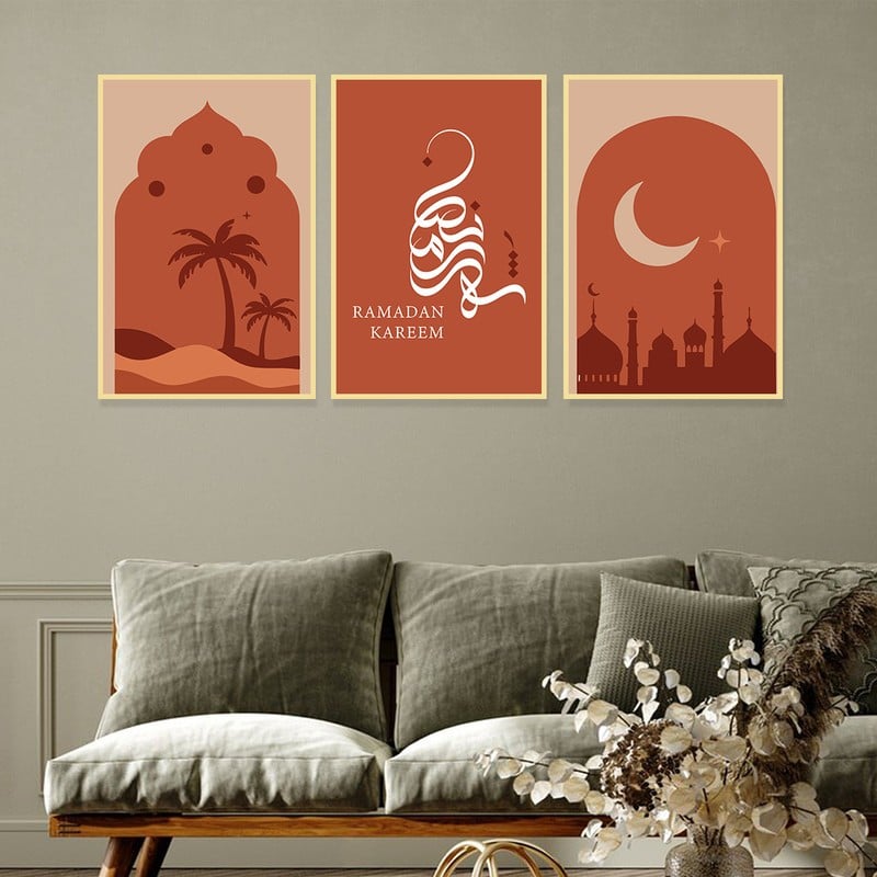 ماركتنا ثلاث لوحات قماشية بتصميم اسلامي لشهر رمضان مع برواز مجوف مقاس (120×60) ثلاث قطع - Image 1