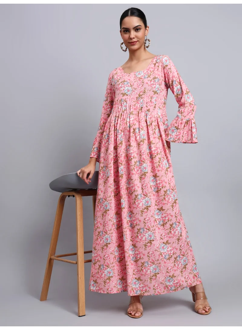 Alaya Women Green Floral Printed Cotton Jalabiya with Flared Sleeves & Round Neckline-AL4045