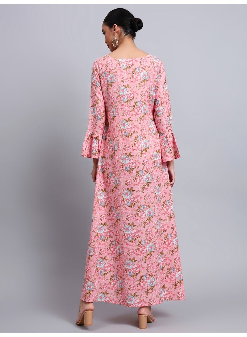 Alaya Women Green Floral Printed Cotton Jalabiya with Flared Sleeves & Round Neckline-AL4045 - Image 2